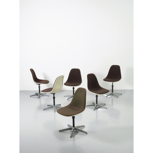 CHARLES & RAY EAMES (6) Sei sedie mod. PSC, Hermann Miller anni 60. Alluminio pressofuso, metallo ve