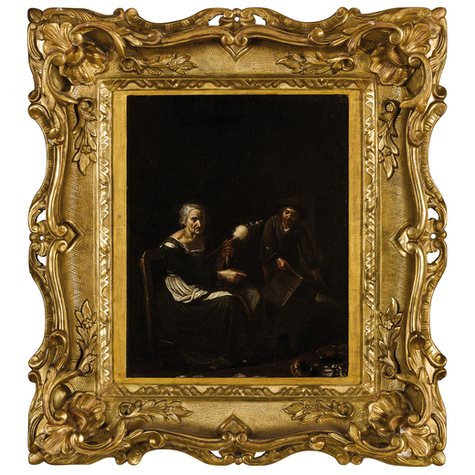 PIETRO BELLOTTI (Salò, 1625 - Gargnano, 1700)<br>Vecchia filatrice e ragazzo in un interno<br>Olio 