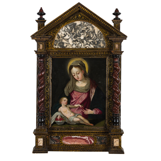 PITTORE DEL XVI-XVII SECOLO Madonna con il Bambino (Madonna delle ciliegie)<br>Olio su rame, cm 26X2