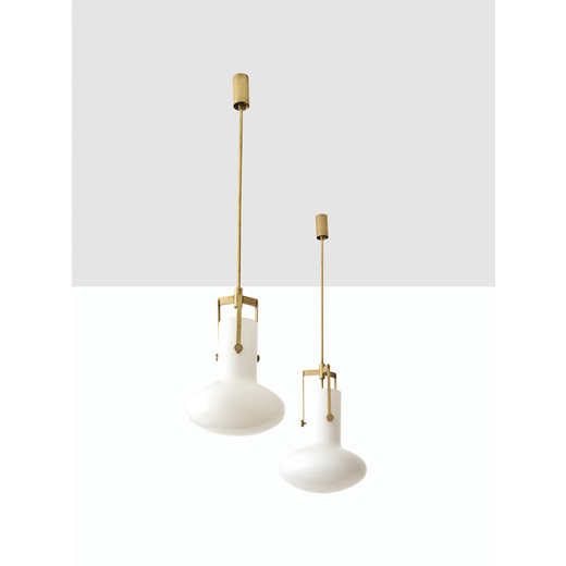 IGNAZIO GARDELLA (ATTRIB. A)  2 Coppia di lampade a sospensione. Vetro opalino, ottone. Italia anni 