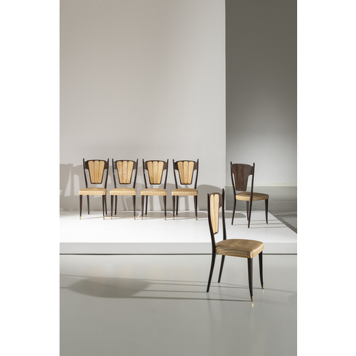 MANIFATTURA ITALIANA Sei sedie. Ottone, legno di faggio, multistrato impiallacciato in legno di fagg