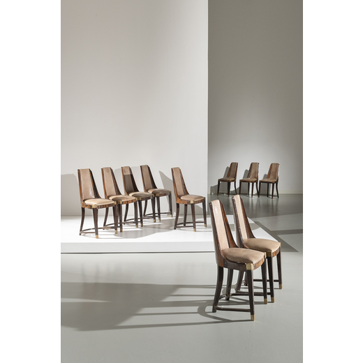 JACQUES EMILE RUHLMANN (NEL GUSTO DI) Dieci sedie. Ottone, legno esotico, pelle imbottita. Francia a