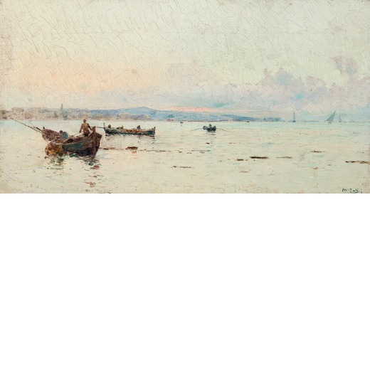 CATTI MICHELE (1855-1914)  Barca con pescatori nel Golfo di Palermo <br>Firmato M Catti in basso a s