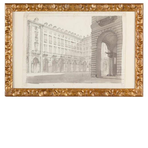 PITTORE PIEMONTESE Veduta di palazzo torinese<br>Matita e inchiostro su carta, cm 28,5X39