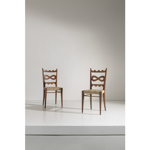 PAOLO BUFFA  Due sedie. Legno di rovere, corda di canapa intrecciata. Italia anni 40. <br>cm 97x44x4