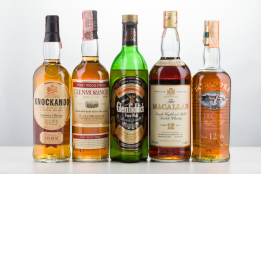 Selezione Whisky Macallan 12 years old, OB ;1bt<br>Glenfiddich - 1bt<br>Bowmore - 1bt<br>Knockando 1