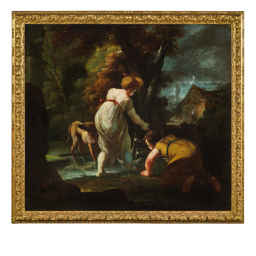 PITTORE DEL XVIII SECOLO Paesaggio con bimbi che giocano<br>Olio su tela, cm 87X95