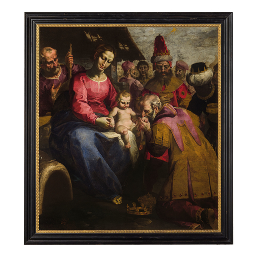 SIMONE BARABINO  (Genova, circa 1575 - Milano, 1629) <br>Adorazione dei Magi<br>Olio su tela, cm 120