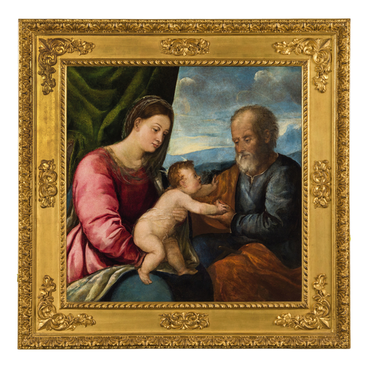 PITTORE VENETO DEL XVI SECOLO Sacra Famiglia<br>Olio su tela, cm 75X76