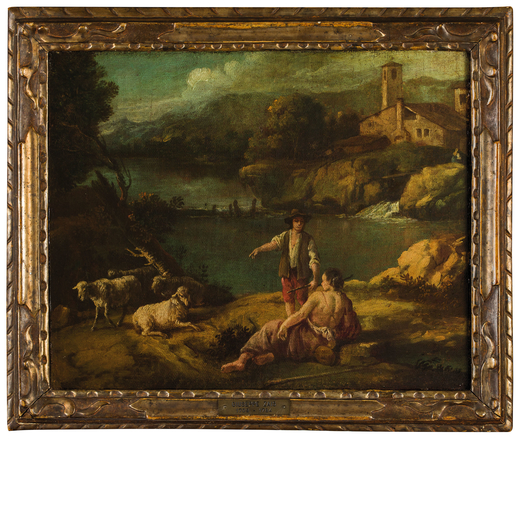 GIUSEPPE ZAIS (Forno di Canale, 1709 - Treviso, 1781) <br>Paesaggio con pastori, fiume e casolare<br