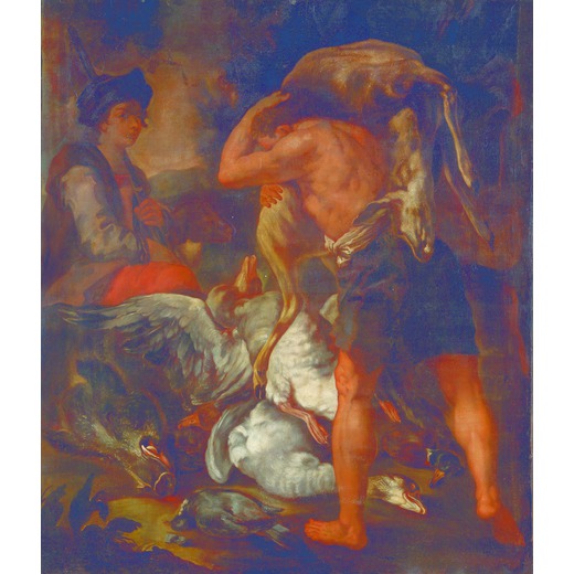 BALDASSARRE DE CARO (Napoli, 1689 - 1750)<br>Cacciatore seduto con servitore e selvaggina<br>Olio su
