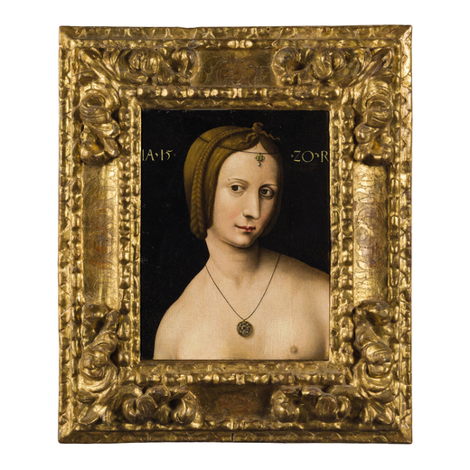 AMBROSIUS BENSON (Lombardia, 1495/1500 - Bruxelles, 1550)<br>Figura femminile<br>Olio su tela, cm 35