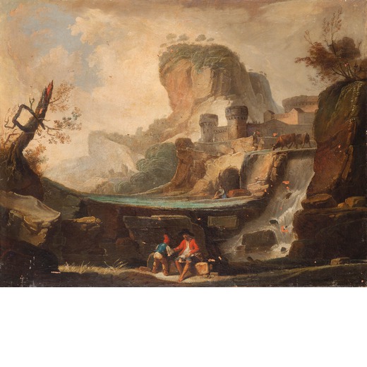 JEAN-BAPTISTE LALLEMAND (attr. a) (Digione, 1716 - Parigi, 1803)<br>Paesaggio con cascata