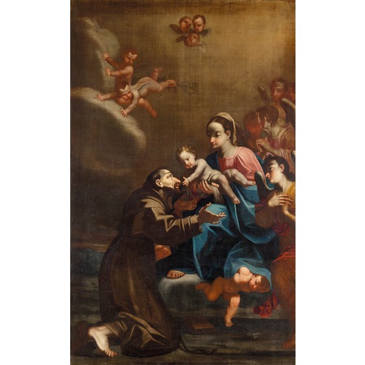 PITTORE DEL XVII-XVIII SECOLO Madonna col Bambino e San Francesco <br>Olio su tela, cm 210X130