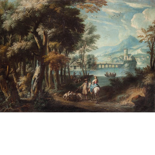 PITTORE VERONESE DEL XVIII SECOLO Paesaggio fluviale con ponte e figure<br>Olio su tela, cm 95X126