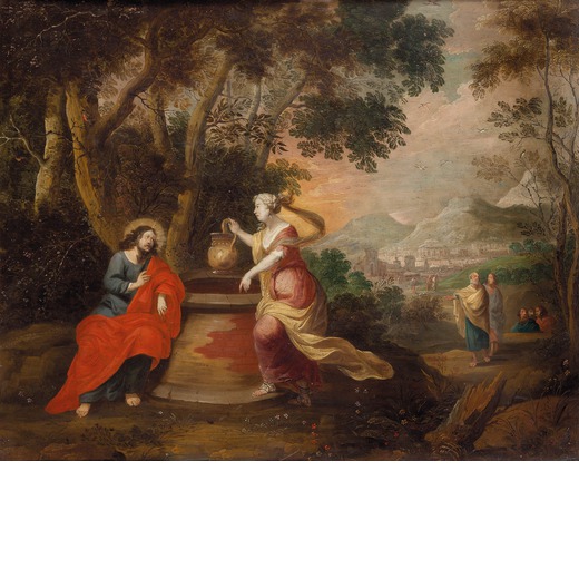 PITTORE FIAMMINGO DEL XVIII SECOLO Cristo e la samaritana <br>Olio su rame cm 71X88