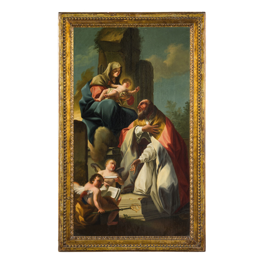 PITTORE AUSTRIACO DEL XVIII SECOLO Madonna con il Bambino e Santo<br>Olio su tela, cm 90,8X52