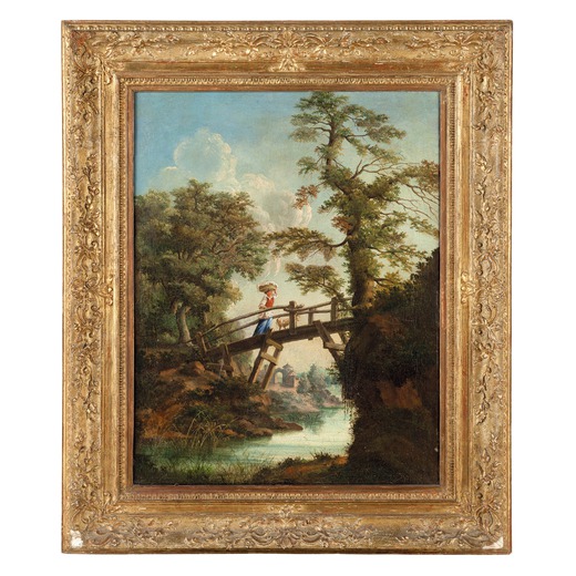 PITTORE DEL XVIII-XIX SECOLO Paesaggio con ponte e figura femminile<br>Olio su tela, cm 91X68