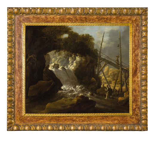 PITTORE FIAMMINGO DEL XVII SECOLO Paesaggio con figure e cascata<br>Olio su tela, cm 59X70