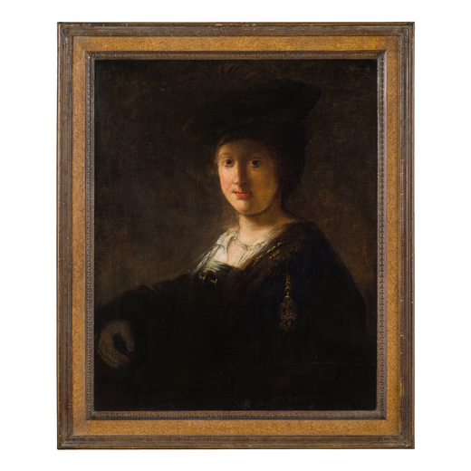 REMBRANDT HARMENSZ VAN RIJN (maniera di) (Leida, 1606 - Amsterdam, 1669) <br>Ritratto di donna<br>Ol