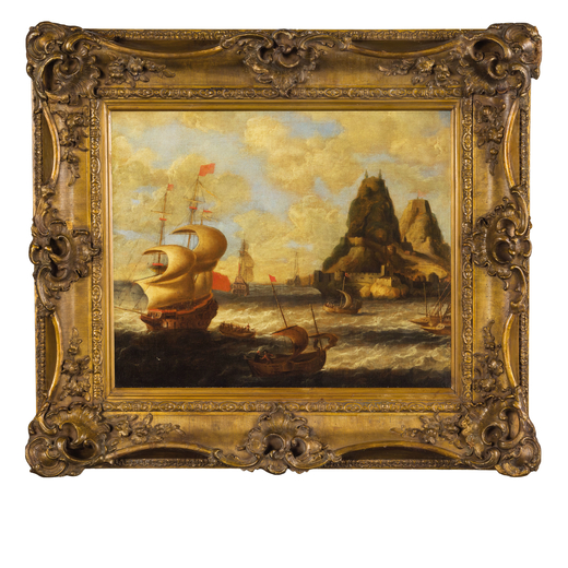 PITTORE OLANDESE DEL XVII-XVIII SECOLO Marina con vascelli e promontorio<br>Olio su tela, cm 63X76