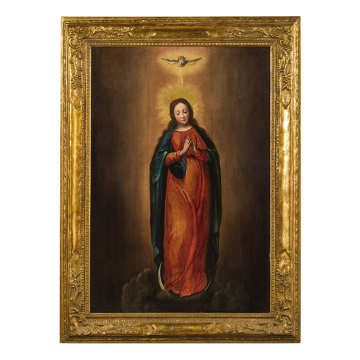 PITTORE SPAGNOLO DEL XVII SECOLO La Vergine Maria<br>Olio su tavola, cm 96X64