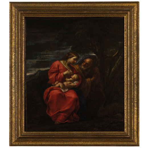 ANTONIO BUSCA (attr. a) (Milano, 1625 - 1686)<br>Riposo durante la fuga in Egitto<br>Olio su tela, c