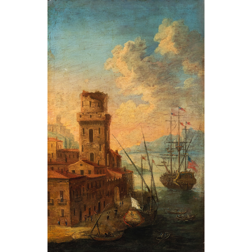 PITTORE DEL XVIII SECOLO Paesaggio<br>Olio su tela, cm 77X48