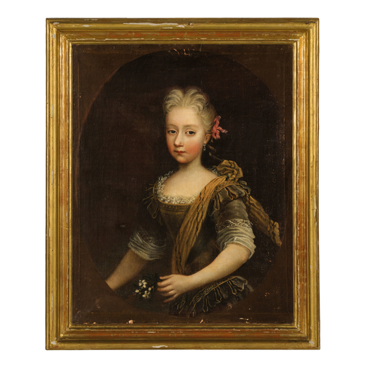 GODFREY KNELLER (scuola di) (Lubecca, 1646 - Londra, 1723) <br>Ritratto di bambina con fiori<br>Olio