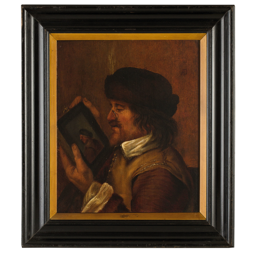 PITTORE OLANDESE DEL XVII SECOLO Ritratto maschile con ritratto (Allegoria della Vista)<br>Olio su t