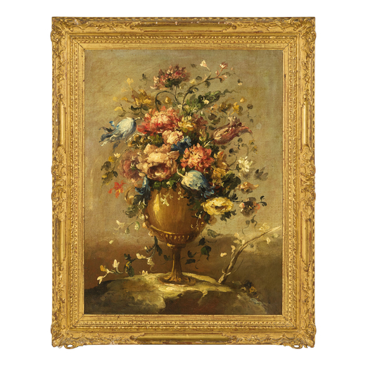 MAESTRO DEI FIORI GUARDESCHI  (Belluno, 1722 - 1797)<br>Natura morta di fiori<br>Olio su tela, cm 75