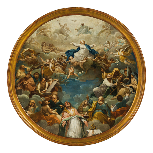 JACOPO ALESSANDRO CALVI (attr. a) (Bologna, 1740 - 1815)<br>Madonna in gloria e Santi<br>Olio su tel