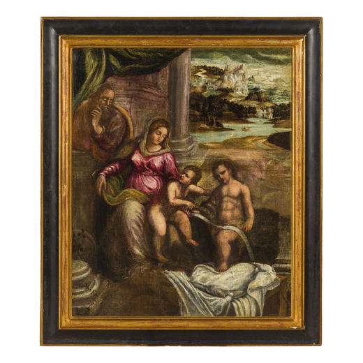 PITTORE VENETO DEL XVI SECOLO Sacra Famiglia con paesaggio sullo sfondo<br>Olio su tela, cm 87X70