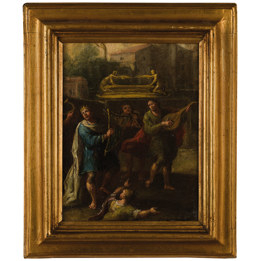 PITTORE DEL XVII-XVIII SECOLO Re David che suona larpa<br>Olio su tela, cm 26X20