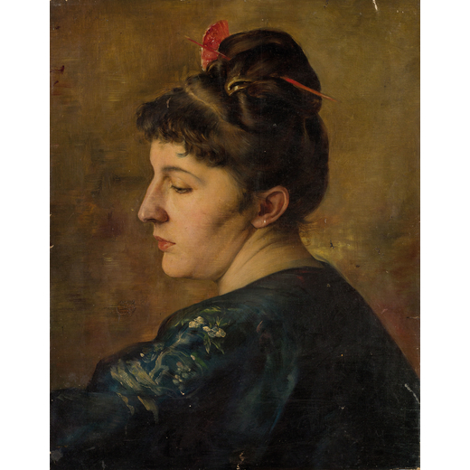 PITTORE DEL XIX SECOLO <br>Ritratto di donna con fermaglio nei capelli <br>Olio su tela, cm 50X40