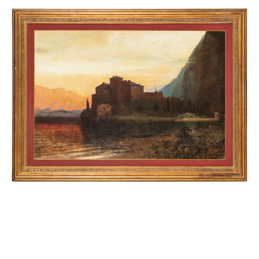 LOUIS KOLITZ Russia, 1845 - Berlino, 1914<br>Paesaggio lacustre allimbrunire<br>Firmato L Kolitz in 