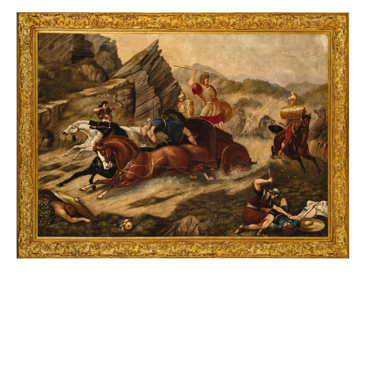 PITTORE FRANCESE DEL XIX SECOLO Scena storica<br>Olio su tela, cm 106X152