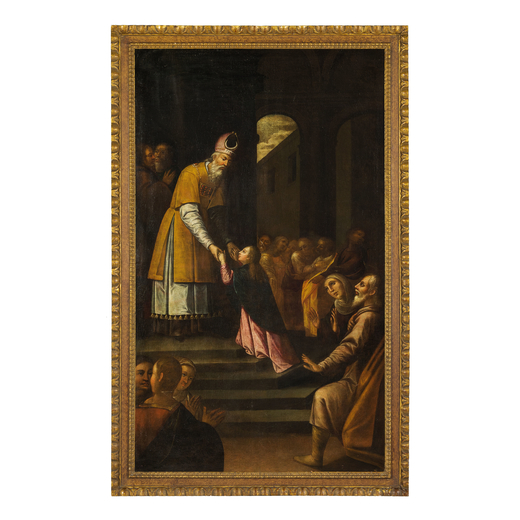 PITTORE DEL XVII SECOLO Maria al Tempio<br>Olio su tela, cm 174X102