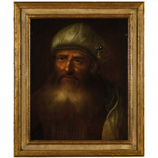 PITTORE DEL XVIII SECOLO Ritratto di uomo con turbante<br>Olio su tela, cm 59X47