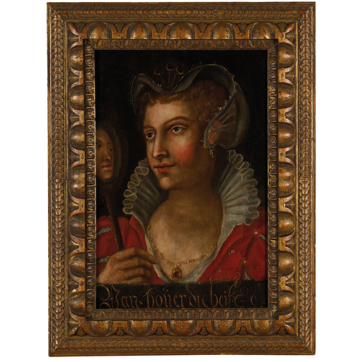 PITTORE NORDICO DEL XVI-XVII SECOLO Donna allo specchio<br>Olio su tavola, cm 51X33