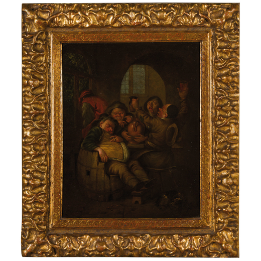 PITTORE OLANDESE DEL XVIII SECOLO Scena di osteria con bevitori<br>Olio su tela, cm 47X38