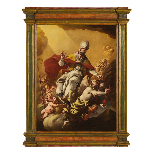 LORENZO DE CARO (attr. a) (Napoli, 1719 - 1777) <br>Gloria di San Gennaro<br>Olio su tela, cm 107X77