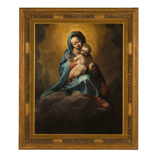 PITTORE DEL XVII-XVIII SECOLO Madonna con il Bambino<br>Olio su tela, cm 125X103<br>Il dipinto si at