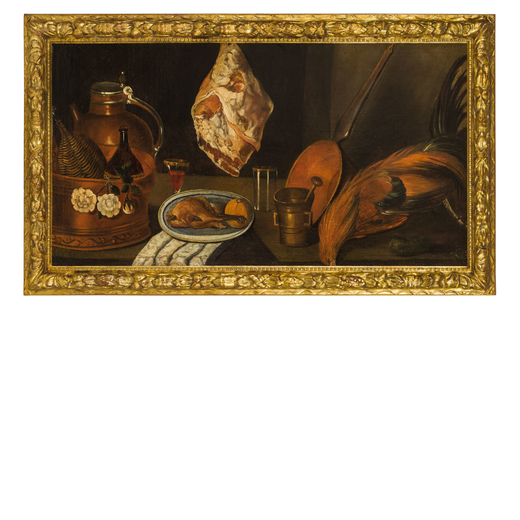 PITTORE OLANDESE DEL XVIII SECOLO Natura morta <br>Olio su tela incollata su tavola, cm 70X131