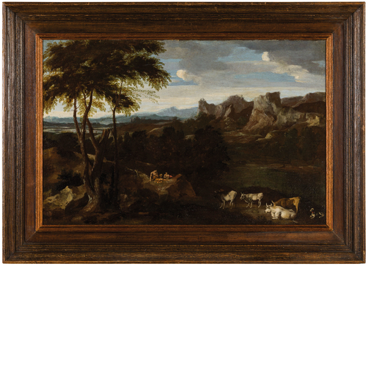 GASPARD DUGHET (attr. a) (Roma, 1615 - 1675)<br>Paesaggio arcadico<br>Olio su tela, cm 43X66