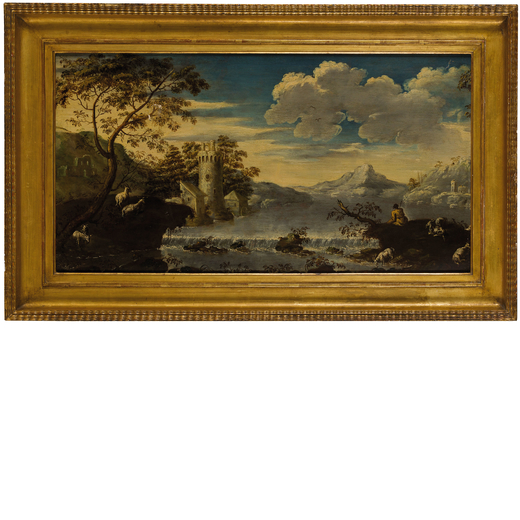 PITTORE DEL XVII-XVIII SECOLO Paesaggio<br>Olio su tela, cm 37X69