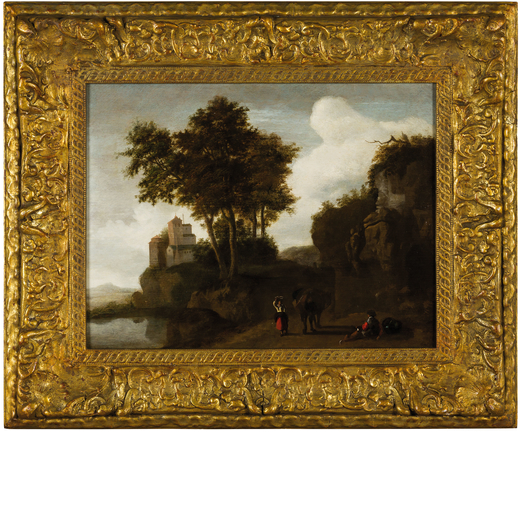 JAN GABRIELSZ SONJÉ (attr. a) (Delft, 1625 - Rotterdam, 1707)<br>Paesaggio lacustre con contadini<b