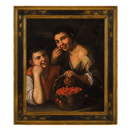 PITTORE DEL DEL XVII-XVIII SECOLO Giovani contadini con cesto di ciliegie <br>Olio su tela, cm 77X62