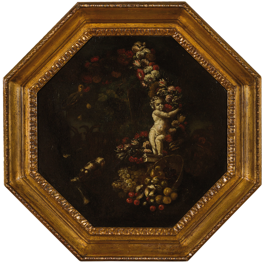 PITTORE NAPOLETANO DEL XVII-XVIII SECOLO Natura morta con frutti, fiori e scultura<br>Olio su tela, 