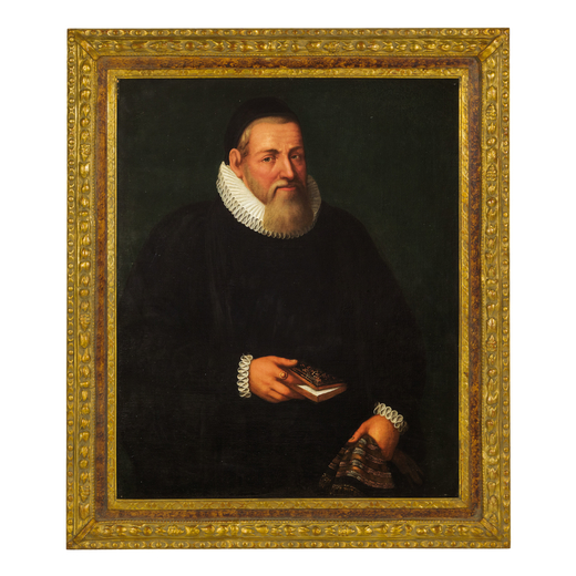 GORTZIUS GELDORP (attr. a) (Lovanio, 1533 - Colonia, 1616)<br>Ritratto di gentiluomo con libro<br>Ol